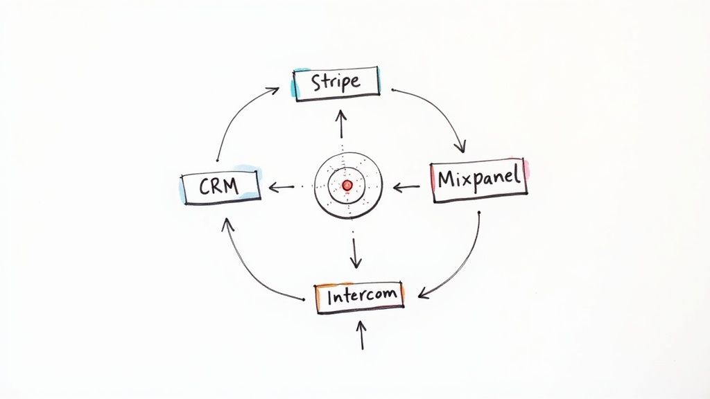 A detective's magnifying glass examining a line graph that shows a customer churn spike.
