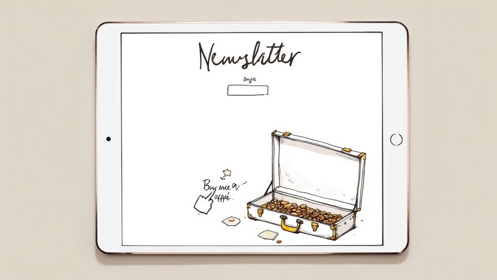 A white tablet displays a 'Newsletter' sign-up form, a 'Buy me a coffee' link, and a briefcase filled with coins.