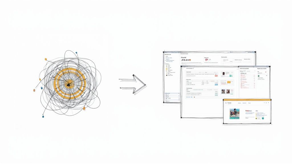 An arrow shows the transformation from chaotic tangled lines to organized digital interfaces.