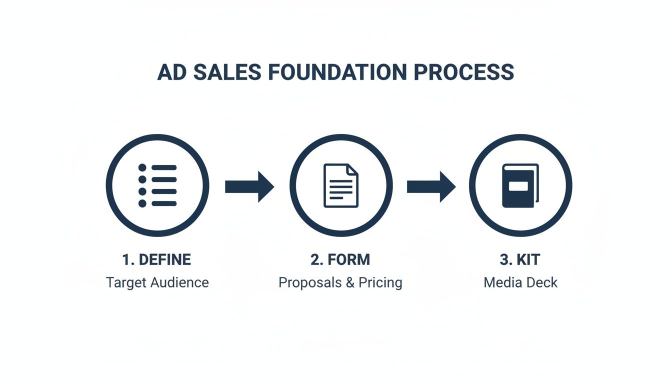 Ad sales foundation process diagram showing steps to define target audience, form proposals, and kit media deck.