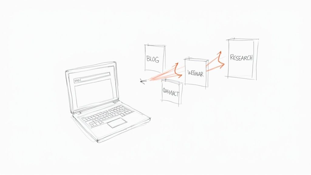 A sketch illustrates lead generation steps: laptop accessing blog, contact, and webinar, progressing to research.