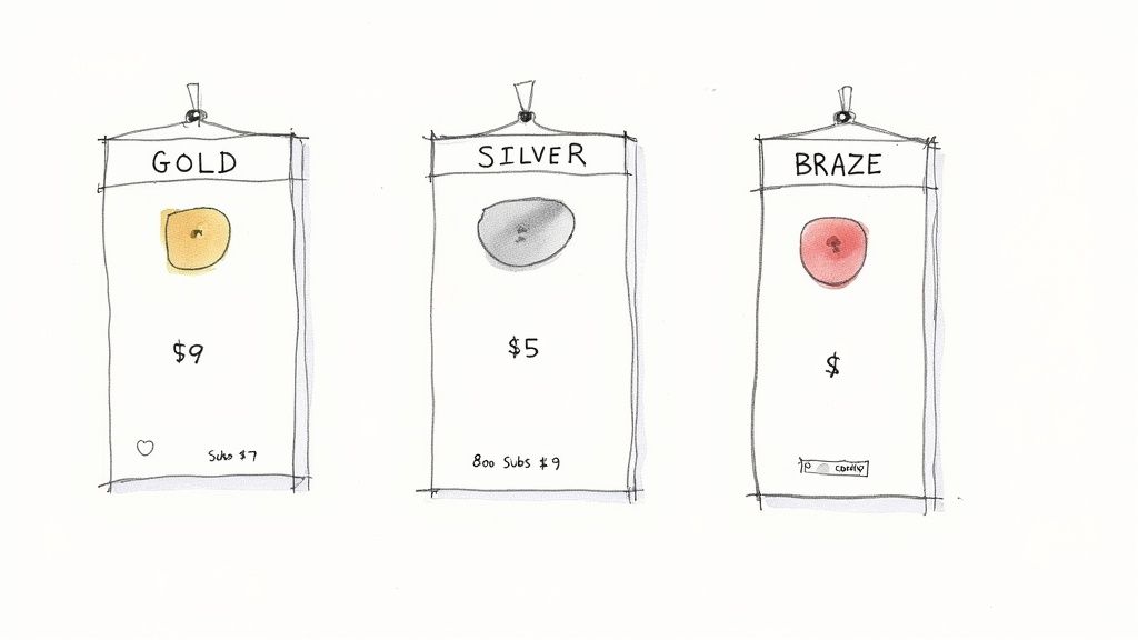 Hand-drawn image showing three price tags for Gold, Silver, and Braze memberships with different prices.