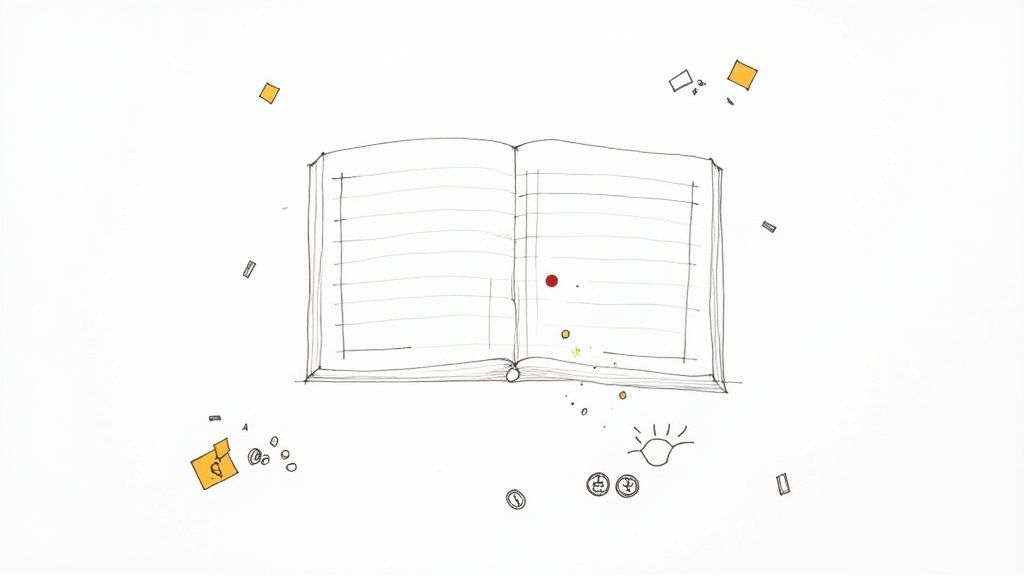 A minimalist hand-drawn open notebook or ledger surrounded by abstract shapes and icons.