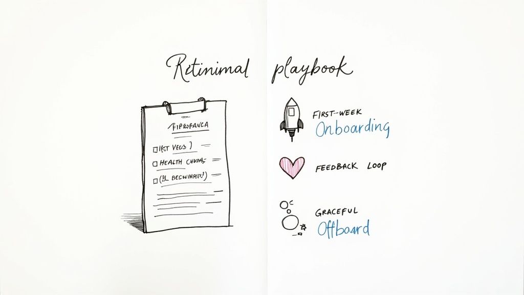 A handwritten 'Retinimal playbook' title with a checklist, onboarding, feedback, and offboarding sections.