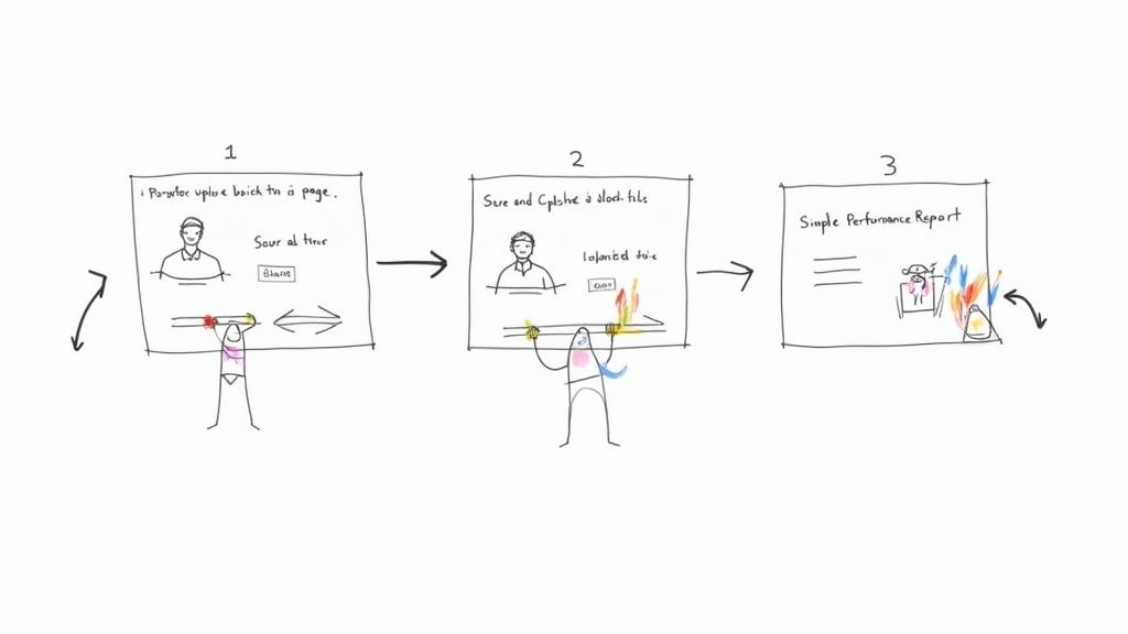 A three-step diagram illustrates data upload, processing challenges, and a simple performance report with issues.
