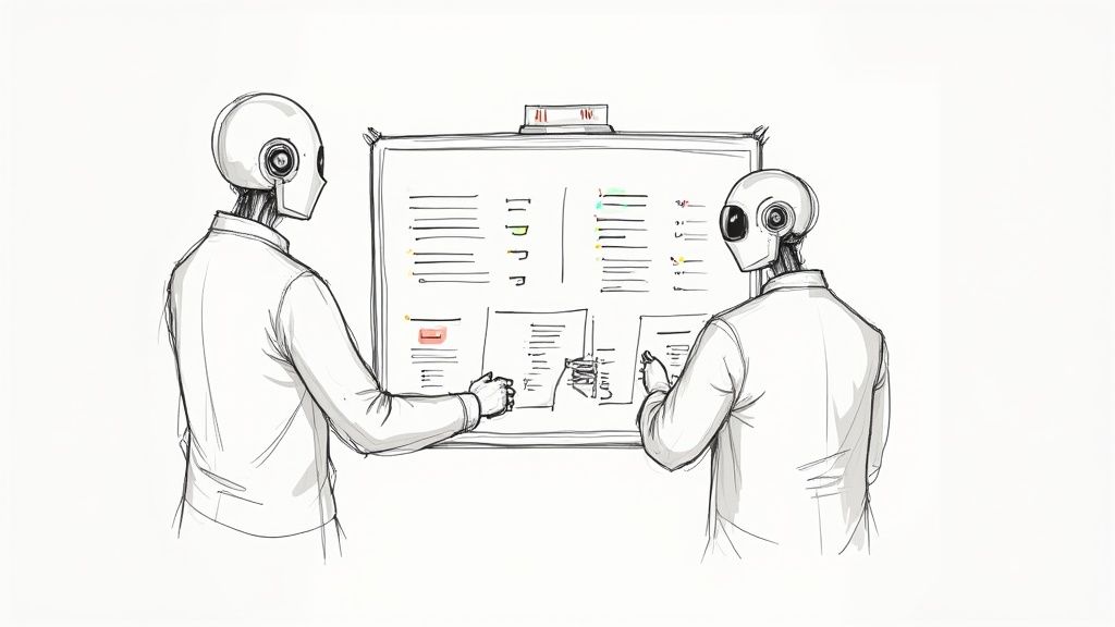 A person interacting with an AI-powered strategic dashboard on a futuristic screen.