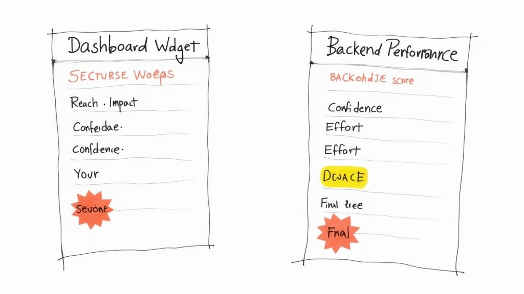 Two hand-drawn whiteboards, 'Dashboard Widget' and 'Backend Performance', displaying metrics and scores, suggesting a RICE scoring template.