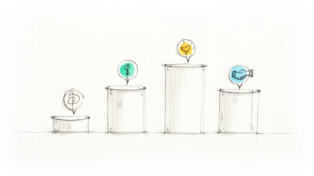 Hand-drawn illustration showing ascending bar chart with icons representing customer health metrics and success stages