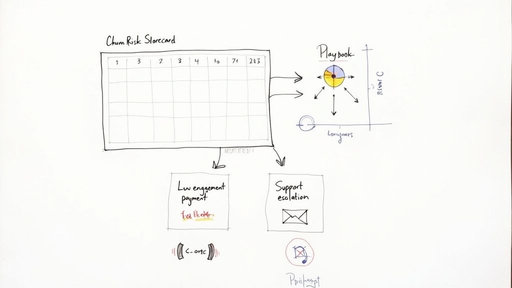 A person looking thoughtfully at a flowchart on a whiteboard, connecting different elements of a churn diagnosis process.