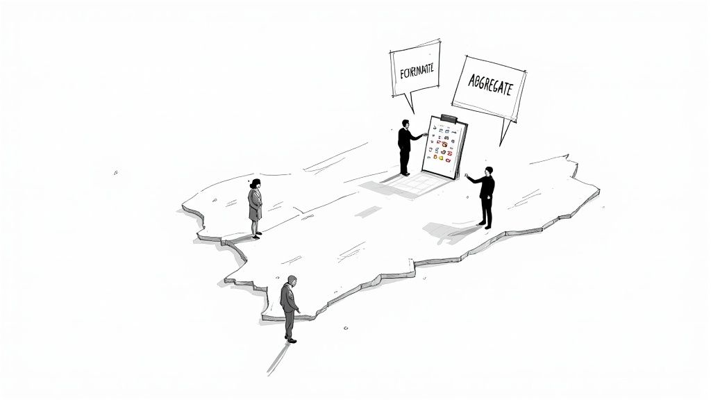 Four people on a sketched landmass discussing data on a large digital screen, with 'FORMATE' and 'AGGREGATE' labels.