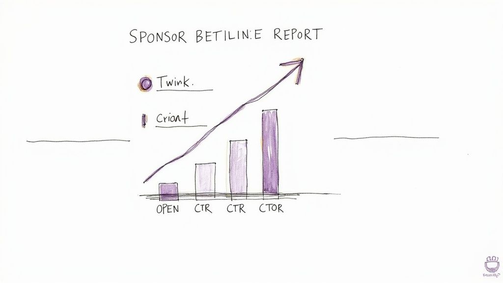 Hand-drawn Sponsor Betiline Report chart showing increasing engagement metrics like open rate and CTR.