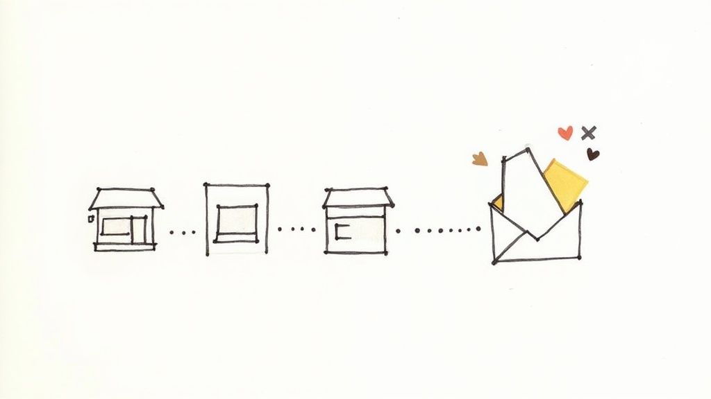 Hand-drawn illustration showing three simplified storefronts connected to an open envelope with letters and hearts.