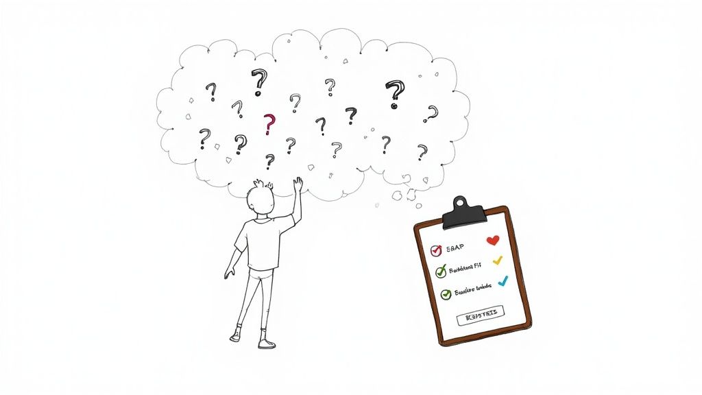 A person pointing at a large dashboard with charts and graphs, illustrating the concept of a product market fit scorecard.