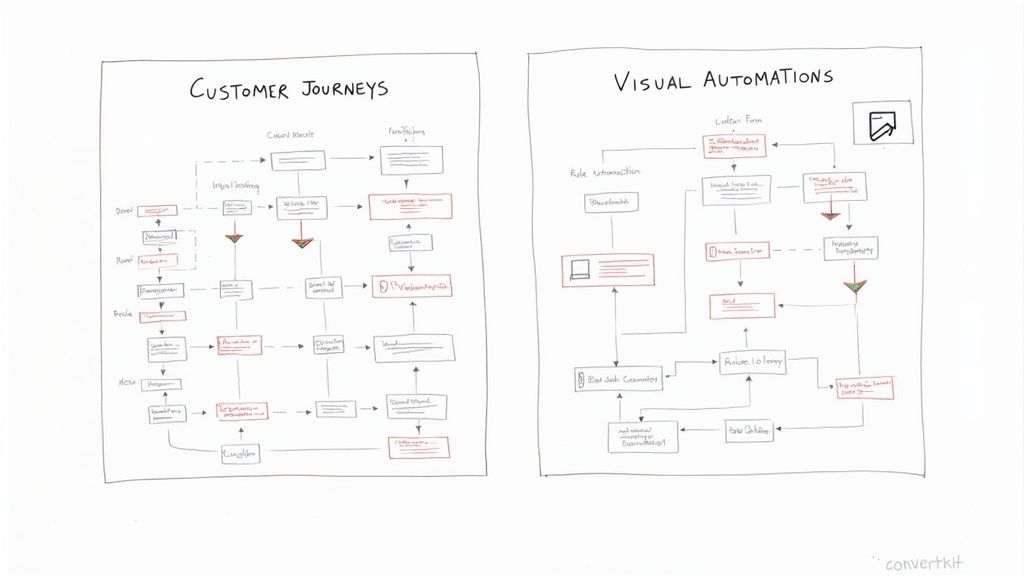 Hand-drawn flowcharts comparing customer journeys and visual automations between email marketing platforms