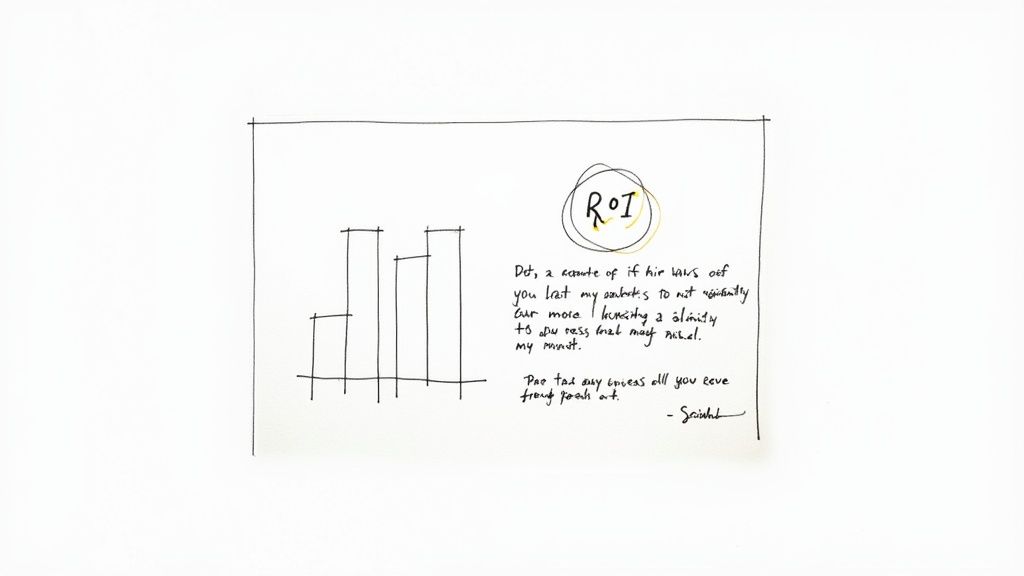 Hand-drawn sketch featuring a bar chart, the acronym ROI encircled, and handwritten text.