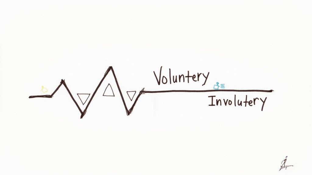 Hand-drawn graph contrasting a jagged 'Voluntary' line with a smooth 'Involuntary' line and symbols.