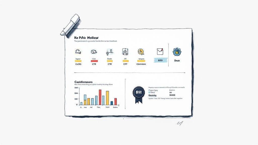 Sketch of a data dashboard on paper with graphs, icons, and text, illustrating ad tracking.