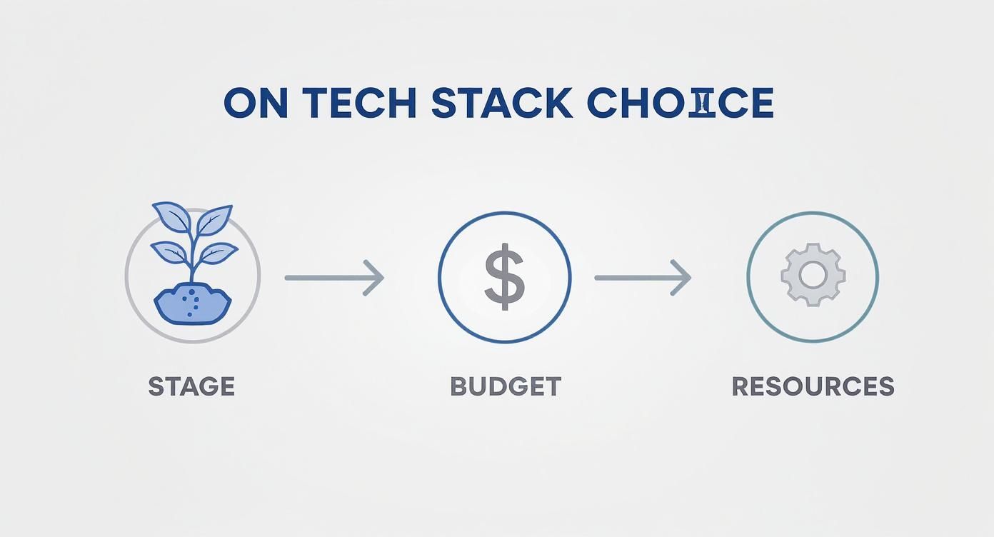 An illustration demonstrating the relationship between Stage, Budget, and Resources when making tech stack choices.