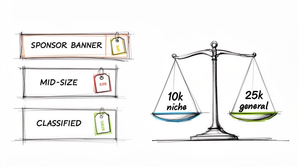 Illustration of various newsletter ad types like sponsor banner, mid-size, and classified, with a balance scale comparing 10k niche and 25k general audiences.