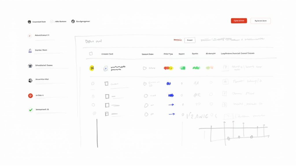 Wireframe sketch of a web dashboard with a sidebar menu, header buttons, and a main content list.
