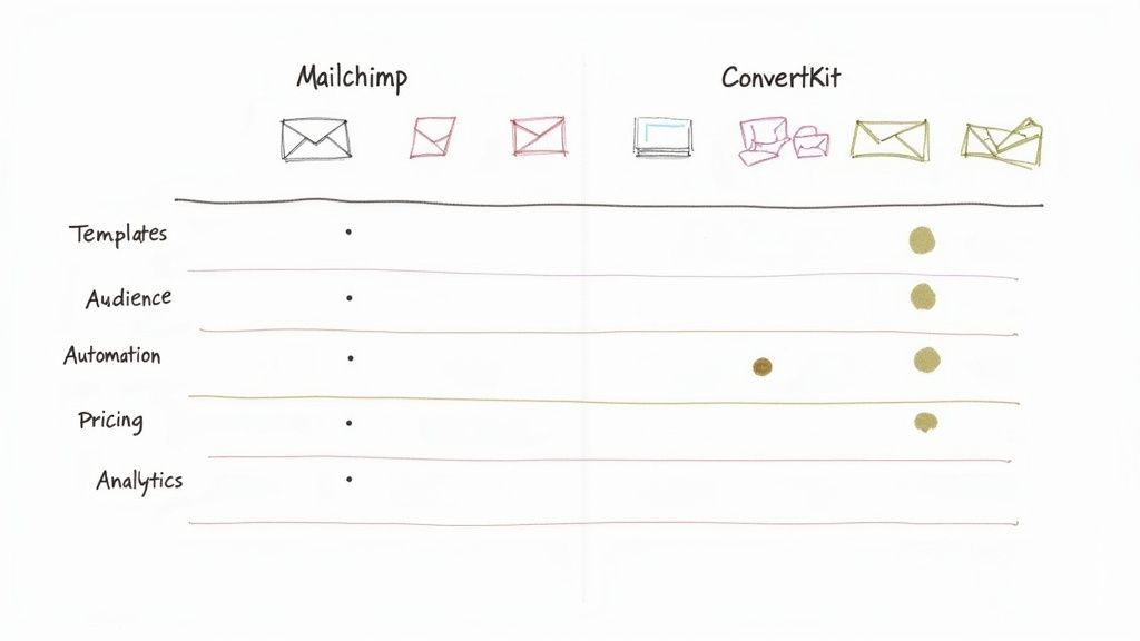 Comparison chart showing Mailchimp versus ConvertKit features including templates, audience, automation, pricing, and analytics capabilities