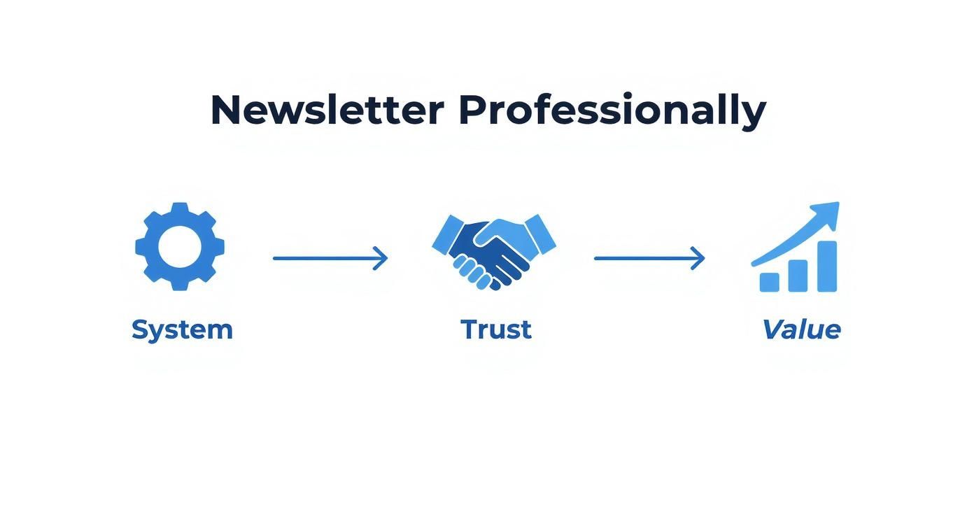 A diagram illustrating the professional newsletter process: System (gear) leads to Trust (handshake), which leads to Value (growth chart).