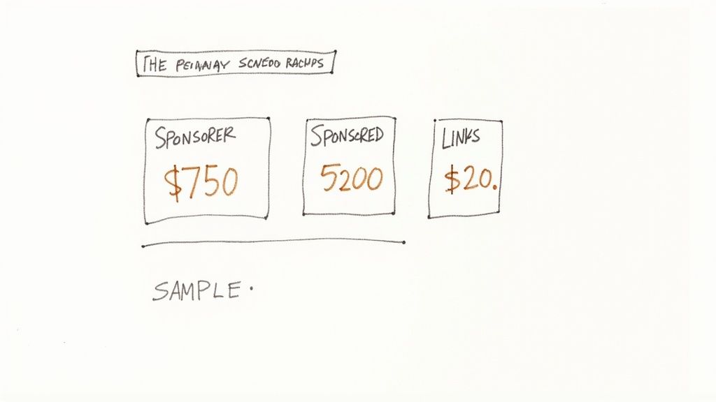 Handwritten diagram illustrating ad pricing for a newsletter, showing 'Sponsorer' $750, 'Sponsored' 5200, and 'Links' $20.
