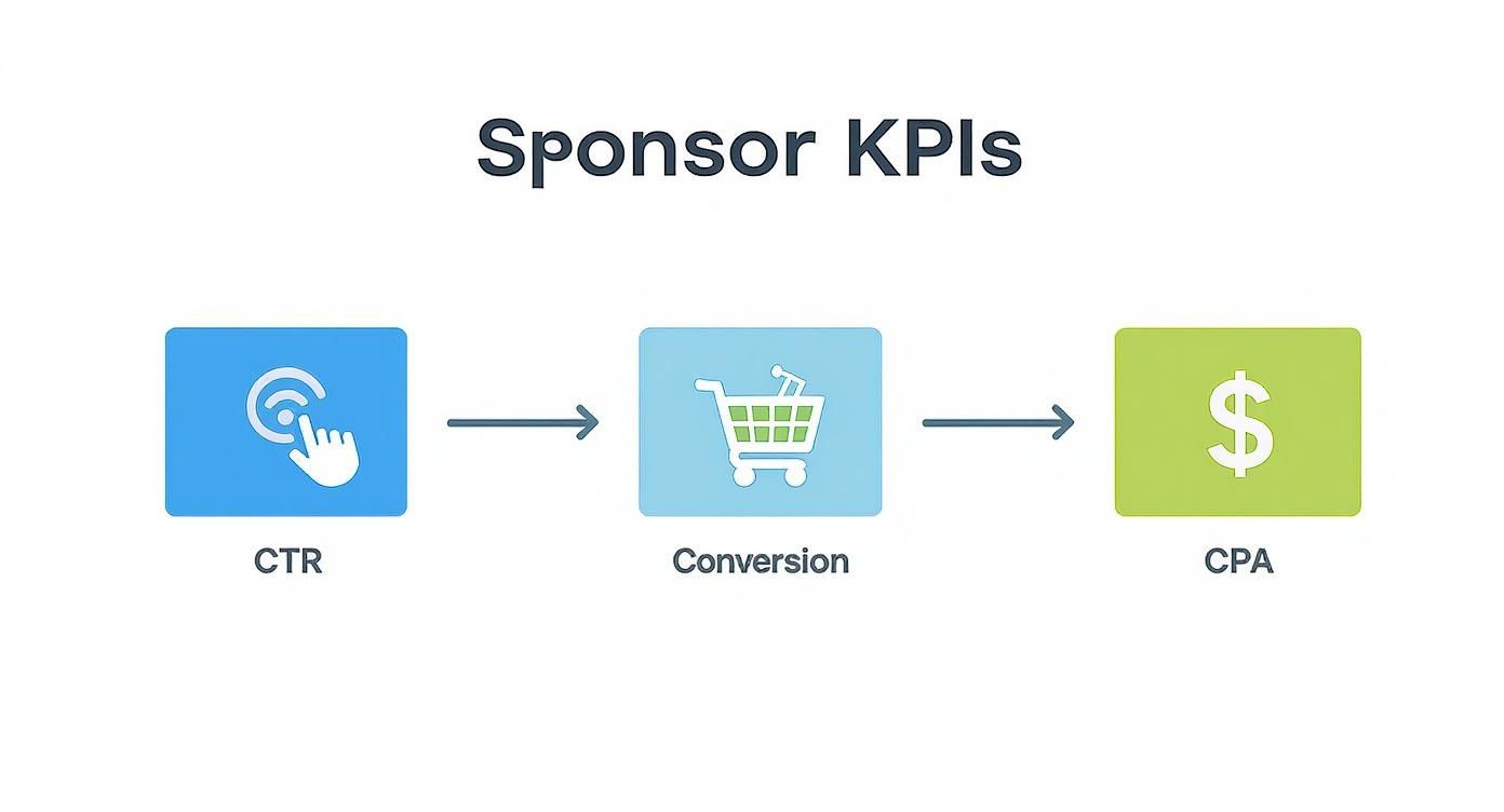 A diagram illustrating Sponsor KPIs: Click-Through Rate (CTR), Conversion, and Cost Per Acquisition (CPA).