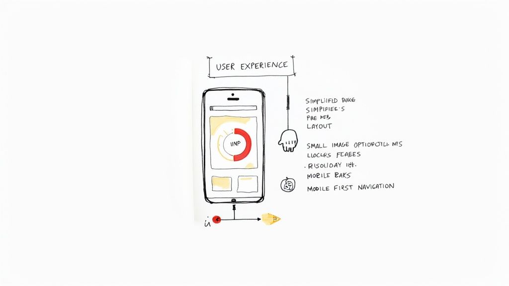Mobile app user experience sketch showing design concepts like simplified layout and mobile-first navigation.