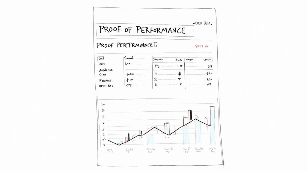 Hand-drawn sketch of a business performance report, including a data table and a trend graph.