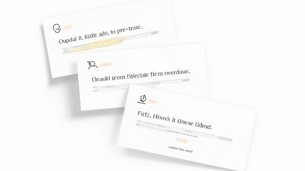 Three white cards with illegible text and highlights, resembling notes or reminders on a white surface.