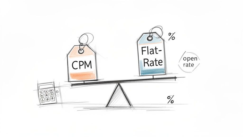 A hand-drawn balance scale comparing 'CPM' and 'Flat-Rate' advertising pricing models, with a calculator and 'open rate' noted.