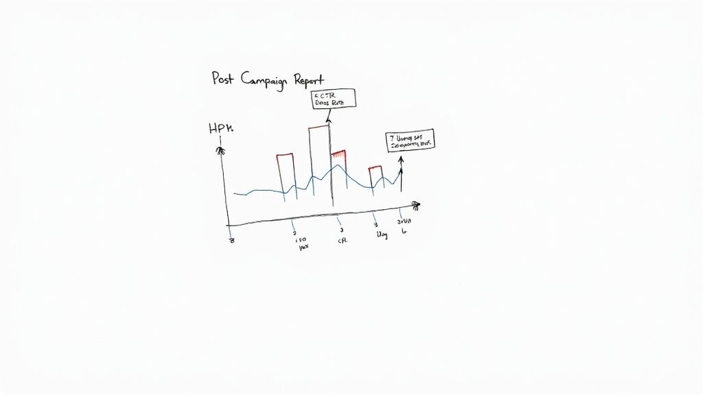 Hand-drawn 'Post Campaign Report' graph with red bars, a blue line, and annotations.