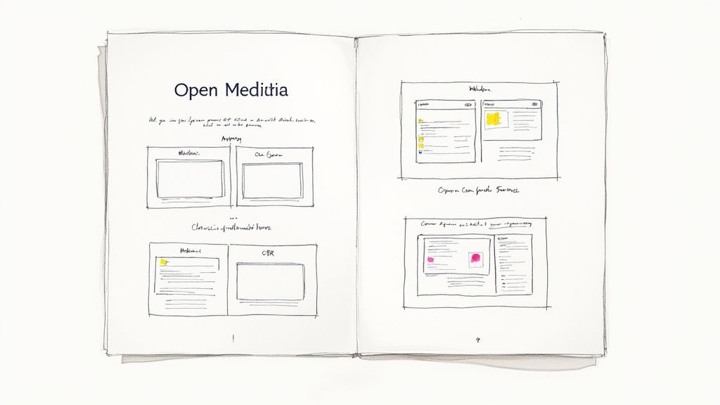 Hand-drawn sketch of open media kit layout showing app previews and brand sponsorship presentation formats