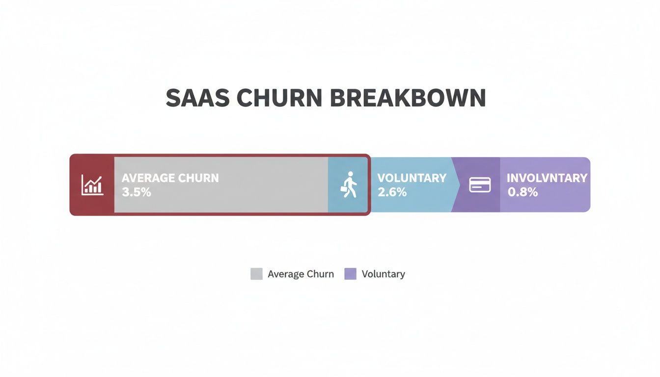 A bar chart illustrating SaaS churn breakdown with average, voluntary, and involuntary rates.