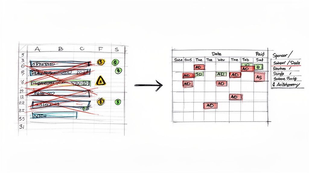 Before and after sketches demonstrating how to efficiently schedule ads, transitioning from a chaotic list to a clean calendar.