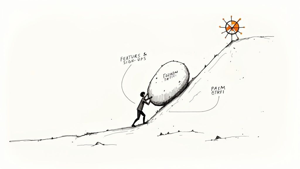 A person pushing a large boulder uphill, symbolizing the struggle of achieving SaaS growth without product-market fit.