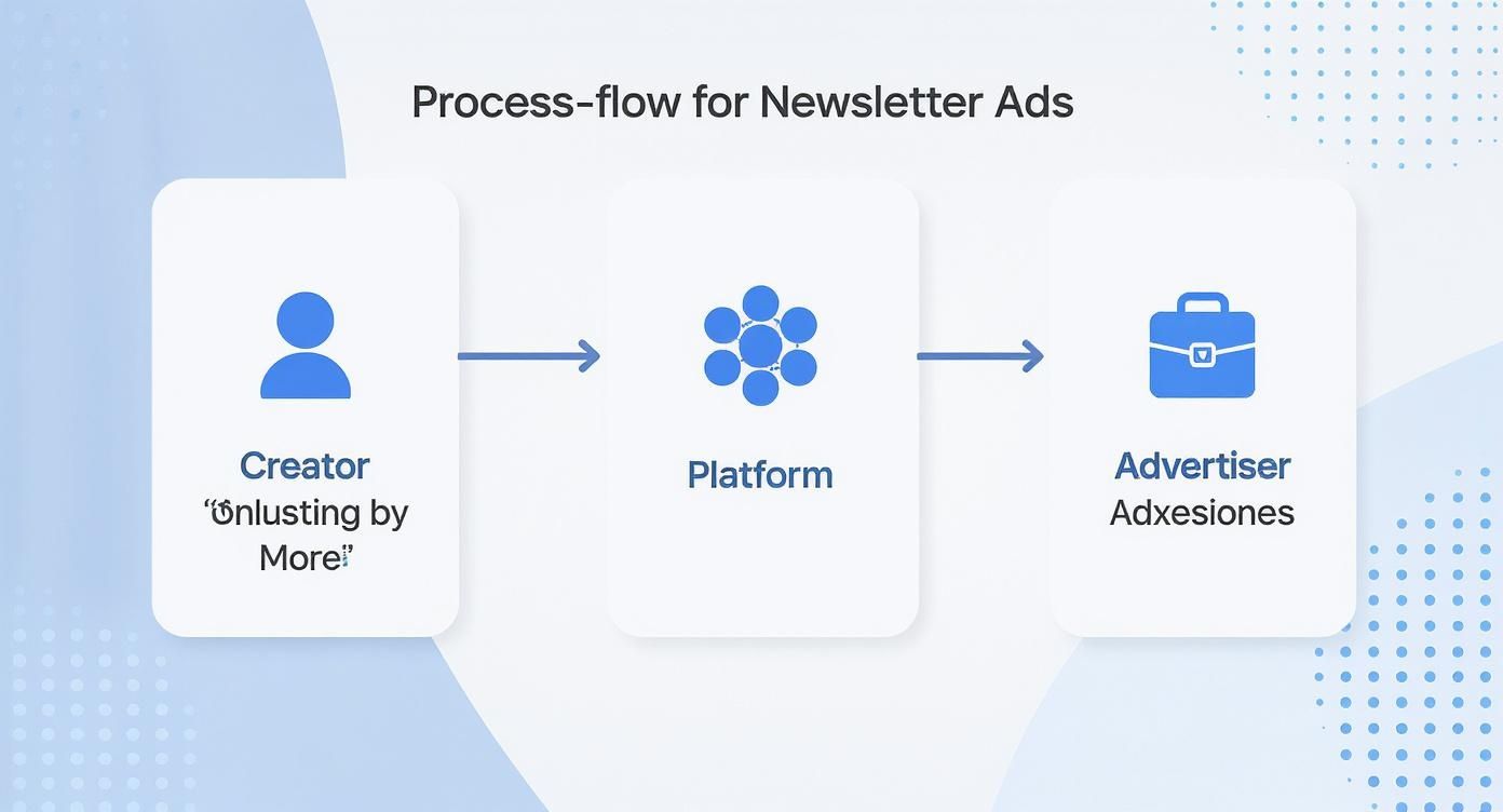 A three-step process flow diagram illustrating newsletter advertising from creator to platform to advertiser.