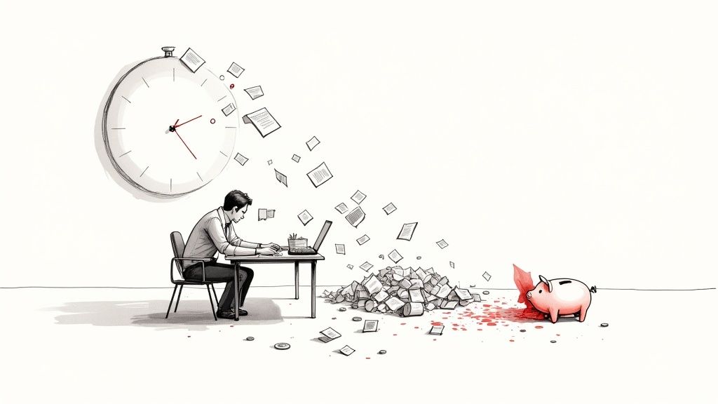 A man works diligently at a desk, as a large clock and documents lead to a broken piggy bank, symbolizing financial strain.