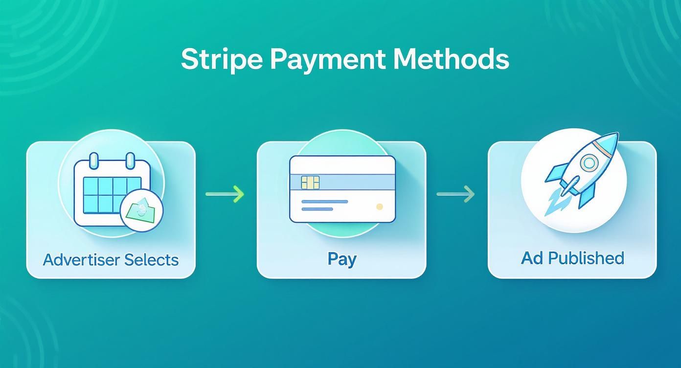 Infographic showing the Stripe payment process flow for newsletter ads from selection to publication.