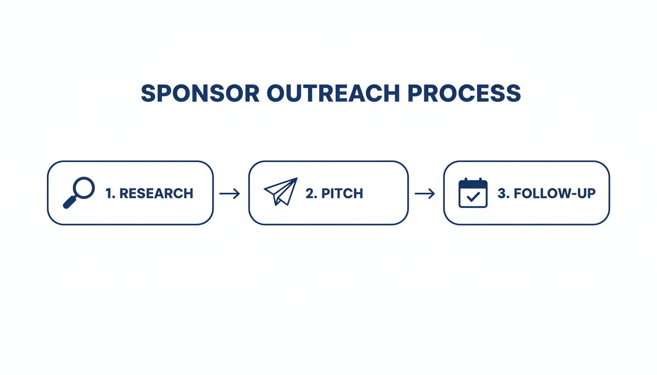 A three-step sponsor outreach process flowchart with icons for research, pitch, and follow-up.