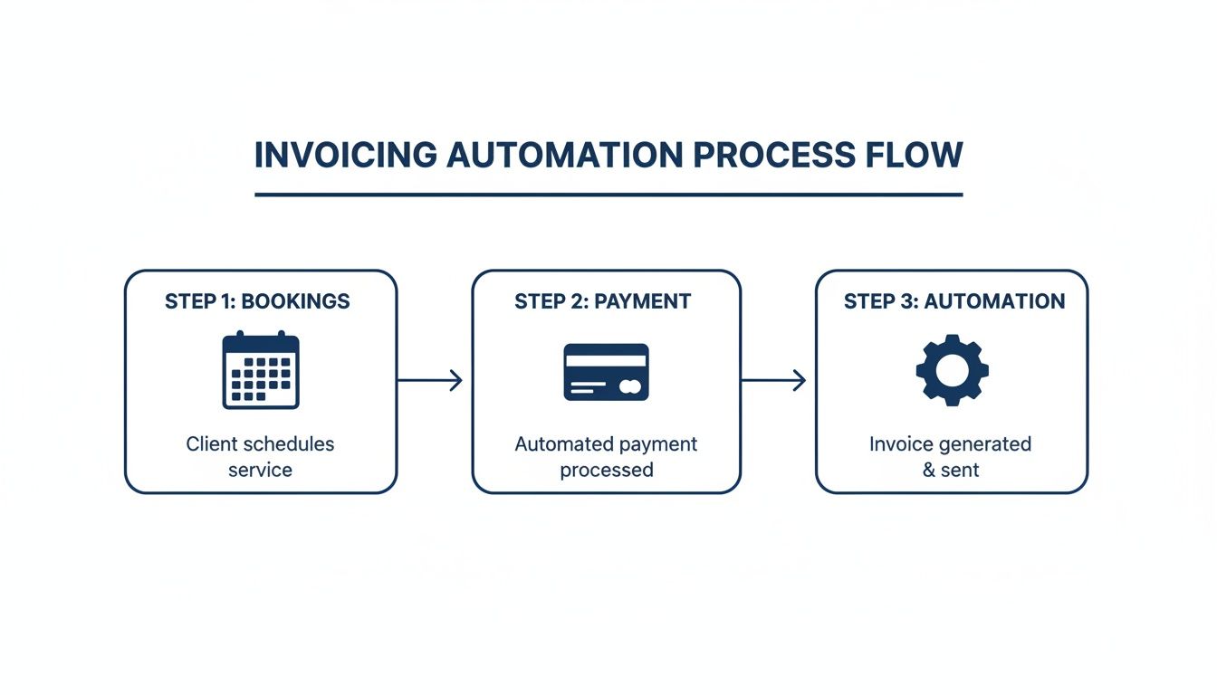 A three-step diagram illustrating the invoicing automation process flow, from client bookings to automated payment and invoice generation.