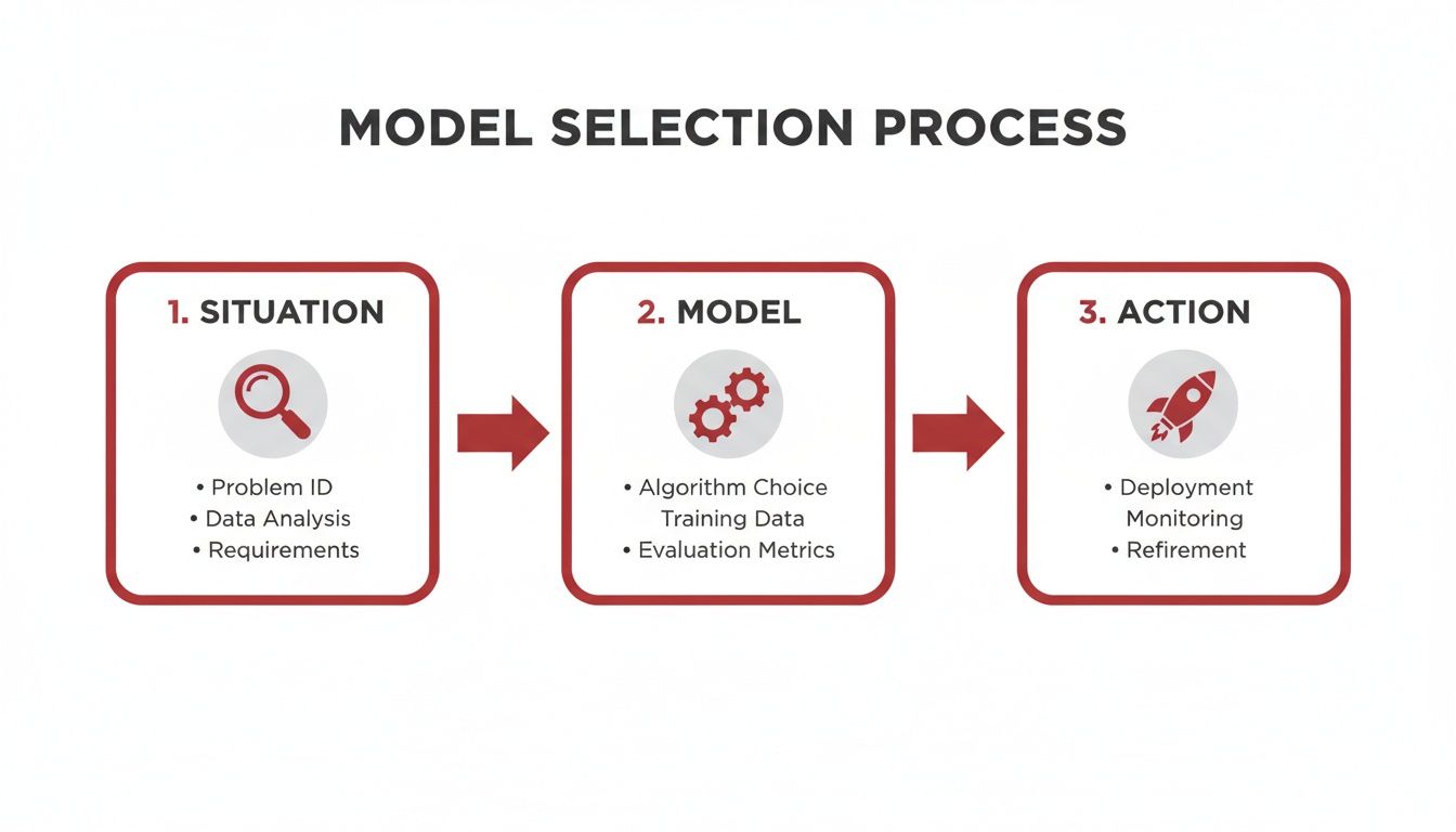 A diagram illustrating the three-step Model Selection Process: Situation, Model, and Action.