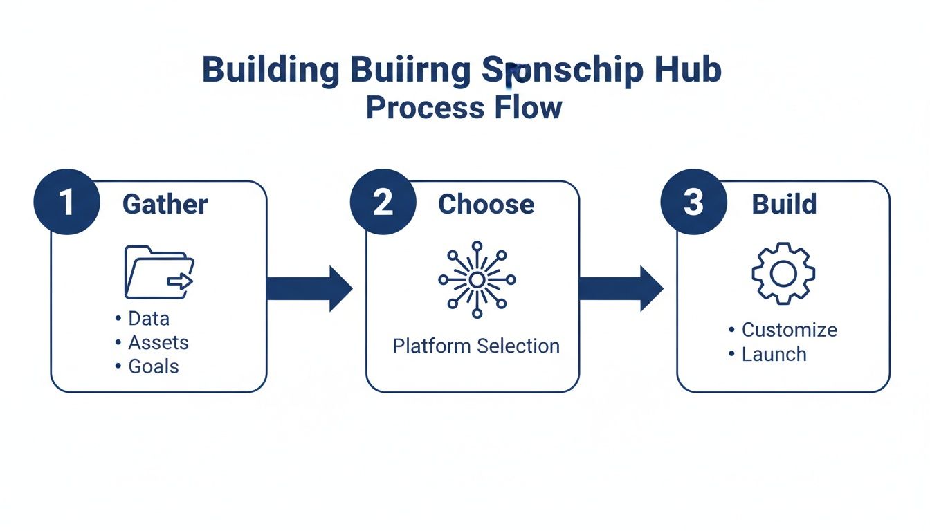 Process flow diagram showing three steps: Gather, Choose Platform, and Build Sponsorship Hub.