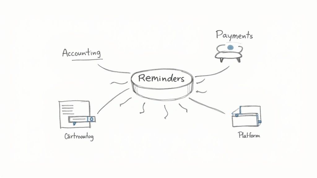 Hand-drawn mind map centered on 'Reminders' with branches to Accounting, Payments, Cartroutag, and Platform.