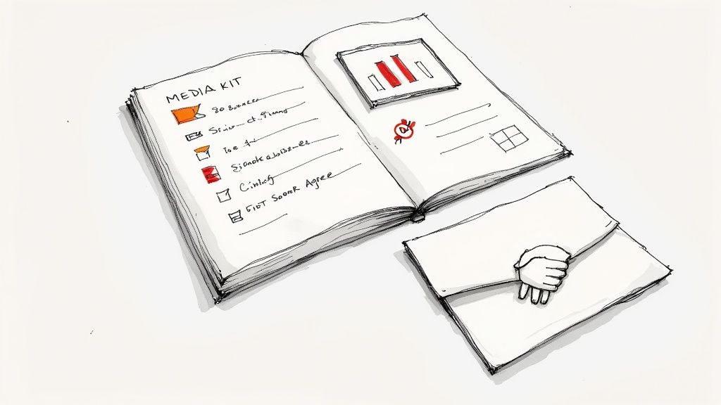 Sketch of an open media kit notebook showing a checklist and a bar chart, next to an envelope with a handshake.