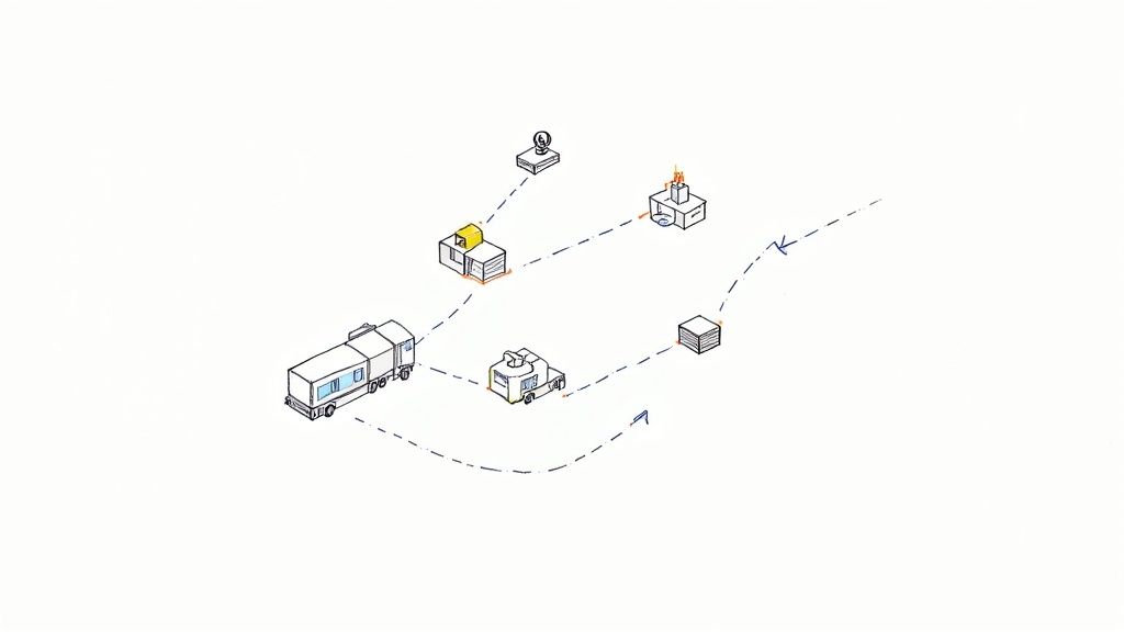 Isometric diagram showing various operational points and vehicles connected by dashed routes.