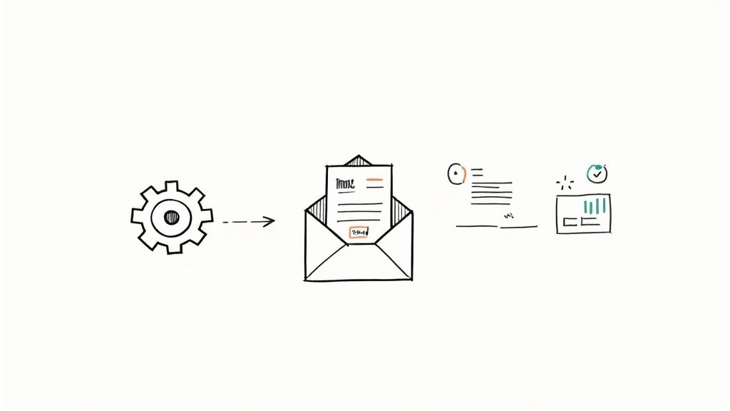 A hand-drawn illustration depicting a gear sending an email, leading to data analysis and performance tracking.