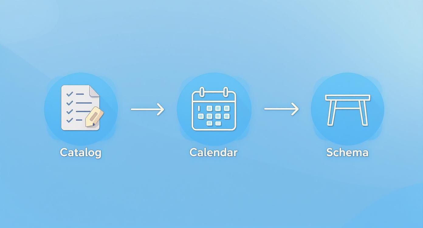 A process flow diagram showing Catalog, Calendar, and Schema icons connected by arrows.