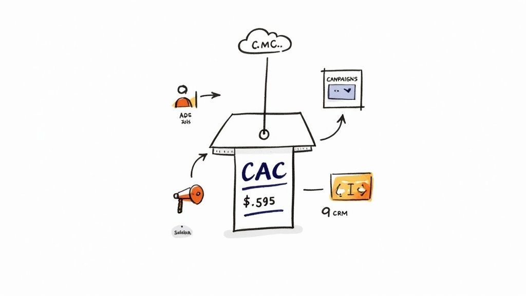 Hand-drawn diagram explaining Customer Acquisition Cost (CAC) with inputs from ads, sales, and CRM.